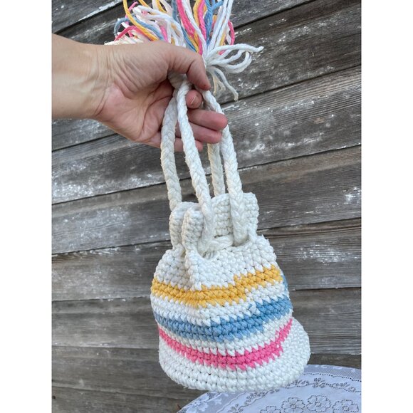 Vintage 1970s Cotton Crochet Pastel Stripe Drawstring Bag Purse - Picture 6 of 13